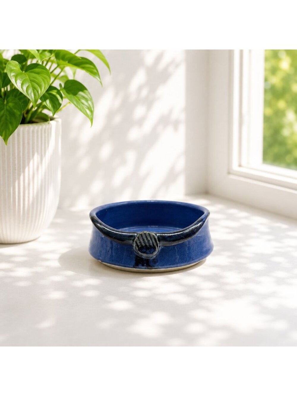 Handmade Blue Ceramic Bowl With Shell Motif Signed 6.5" Diameter 2.5" Height Dec